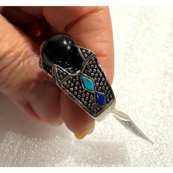 Stainless Steel Unisex Ring 7.5 Black Onyx Pearl Turquoise Statement Chunky - Picture 3 of 8